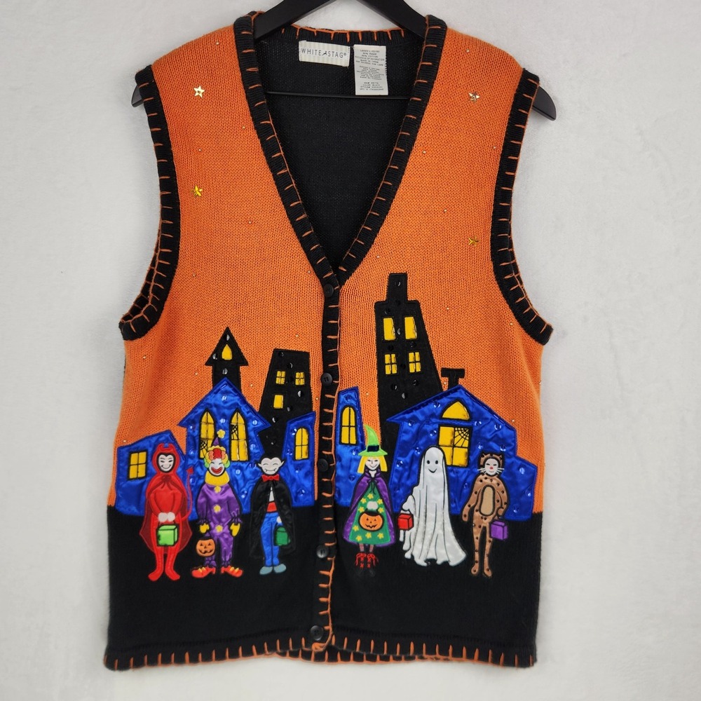 White Stag Halloween Sweater Vest Womens L 12/14 Trick or Treat Whimsical Artsy